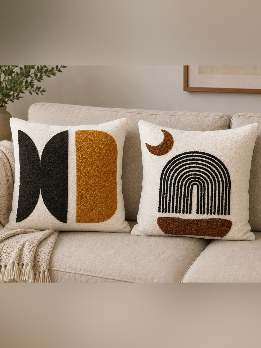 2 White Pillow Covers with Black and Mustard Brown Accent Shapes 18” x 18”